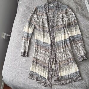 Maurices Striped Open-Front Long Cardigan in Cream, Gray & Brown